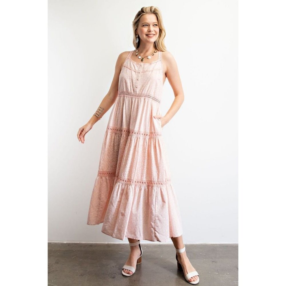 Easel Blush Mixed Print Cotton Button Down Front Voile Fully Lined Maxi Dress